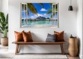 Naklejka do salonu na ścianę WIDOK PRZEZ BIAŁE OKNO Bora Bora palmy ocean