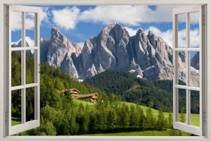 Naklejka do salonu ścienna WIDOK PRZEZ BIAŁE OKNO na góry szczyty natura