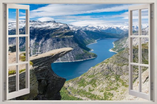 Naklejki na ścianę okno z widokiem klif jezioro górskie 