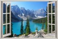 Naklejka do salonu ścienna WIDOK PRZEZ BIAŁE OKNO na górskie jezioro góry