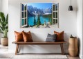 Naklejka do salonu ścienna WIDOK PRZEZ BIAŁE OKNO na górskie jezioro góry
