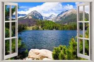 Naklejka ścienna WIDOK PRZEZ BIAŁE OKNO na Szczyrbskie Jezioro GÓRY