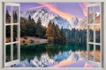Naklejka ścienna do salonu WIDOK PRZEZ OKNO jezioro góry las natura
