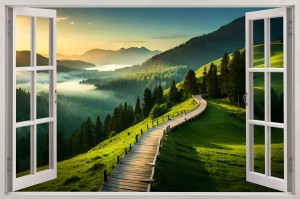 Naklejki na ścianę okno z widokiem domek w górach jezioro