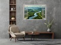Naklejka ścienna do salonu WIDOK PRZEZ BIAŁE OKNO rzeka góry panorama