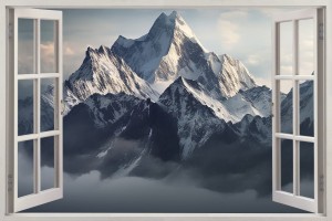 Naklejka ścienna do salonu WIDOK PRZEZ BIAŁE OKNO szczyty górskie mgła