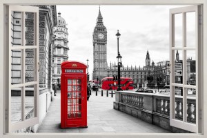 Naklejka ścienna do salonu WIDOK PRZEZ BIAŁE OKNO Londyn BIG BEN ulica