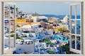 Naklejka ścienna do salonu WIDOK PRZEZ BIAŁE OKNO Santorini Grecja