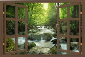 Naklejki na ścianę 3d okno z widokiem wodospad w lesie potok