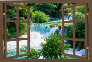 Naklejki na ścianę okno z widokiem na wodospad las