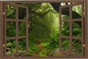 Naklejki na ścianę 3D okno z widokiem wodospad mroczny las ZIELEŃ