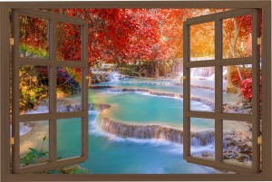 Naklejki na ścianę okno z widokiem kolorowy wodospad las natura