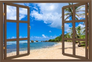 Naklejki na ścianę okno z widokiem do salonu sypialni PLAŻA PALMY 