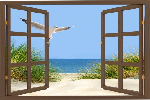 Naklejki na ścianę okno z widokiem plaża morze mewa