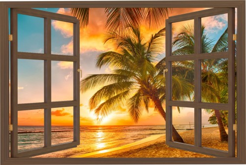 Naklejka ścienna do salonu WIDOK PRZEZ BRĄZOWE OKNO plaża zachód słońca