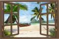 Naklejka ścienna do salonu WIDOK PRZEZ BRĄZOWE OKNO plaża tropiki palmy