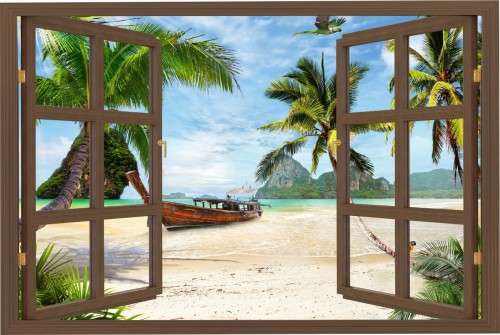 Naklejka ścienna do salonu WIDOK PRZEZ BRĄZOWE OKNO plaża tropiki palmy