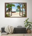 Naklejka ścienna do salonu WIDOK PRZEZ BRĄZOWE OKNO plaża tropiki palmy