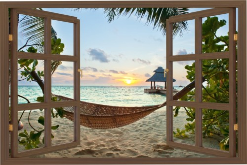 Naklejka ścienna do salonu WIDOK PRZEZ BRĄZOWE OKNO hamak plaża zachód