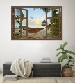 Naklejka ścienna do salonu WIDOK PRZEZ BRĄZOWE OKNO hamak plaża zachód
