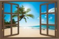 Naklejka ścienna do salonu WIDOK PRZEZ BRĄZOWE OKNO plaża słońce palmy
