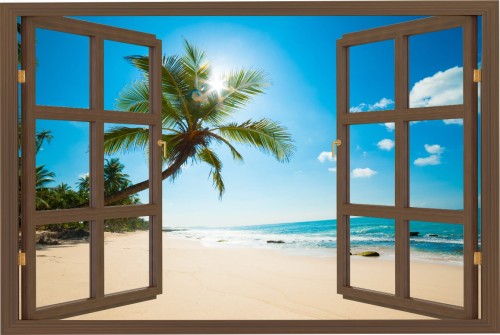 Naklejka ścienna do salonu WIDOK PRZEZ BRĄZOWE OKNO plaża słońce palmy