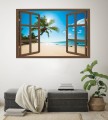 Naklejka ścienna do salonu WIDOK PRZEZ BRĄZOWE OKNO plaża słońce palmy