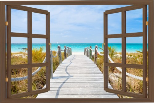 Naklejka ścienna do salonu WIDOK PRZEZ BRĄZOWE OKNO morze pomost plaża