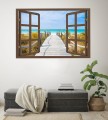 Naklejka ścienna do salonu WIDOK PRZEZ BRĄZOWE OKNO morze pomost plaża