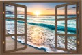 Naklejka ścienna do salonu WIDOK PRZEZ BRĄZOWE OKNO morze zachód słońca