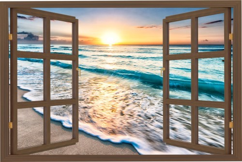 Naklejka ścienna do salonu WIDOK PRZEZ BRĄZOWE OKNO morze zachód słońca
