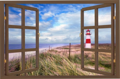 Naklejka ścienna do salonu WIDOK PRZEZ BRĄZOWE OKNO morze zachód słońca