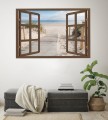 Naklejka ścienna do salonu WIDOK PRZEZ BRĄZOWE OKNO plaża morze piasek