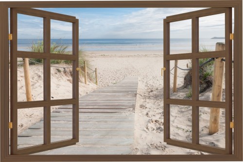 Naklejka ścienna do salonu WIDOK PRZEZ BRĄZOWE OKNO plaża morze piasek