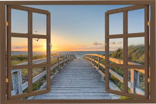 Naklejka do salonu WIDOK PRZEZ BRĄZOWE OKNO zachód słońca nad morzem pomost 