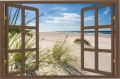 Naklejka ścienna do salonu WIDOK PRZEZ BRĄZOWE OKNO plaża piasek wydmy