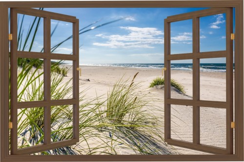 Naklejka ścienna do salonu WIDOK PRZEZ BRĄZOWE OKNO plaża piasek wydmy