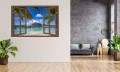 Naklejka do salonu na ścianę WIDOK PRZEZ BRĄZOWE OKNO Bora Bora palmy ocean