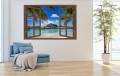 Naklejka do salonu na ścianę WIDOK PRZEZ BRĄZOWE OKNO Bora Bora palmy ocean