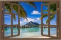 Naklejka do salonu na ścianę WIDOK PRZEZ BRĄZOWE OKNO Bora Bora palmy ocean