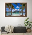 Naklejka do salonu na ścianę WIDOK PRZEZ BRĄZOWE OKNO Bora Bora palmy ocean