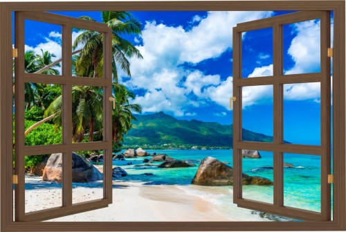 Naklejka do salonu WIDOK PRZEZ BRĄZOWE OKNO plaża na Szeszelach ocean