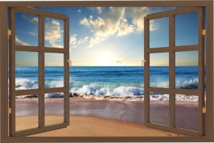 Naklejka widok na morze do salonu na ścianę OKNO BRĄZOWE plaża fala morze