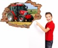 Naklejka ścienna dla dzieci DZIURA 3D czerwony traktor maszyny rolnicze
