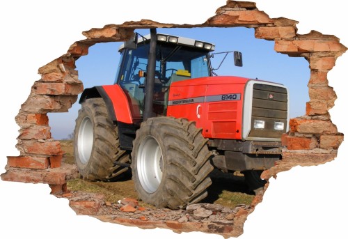 Naklejka na ścianę dla dzieci DZIURA 3D czerwony traktor maszyny rolnicze