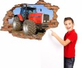 Naklejka na ścianę dla dzieci DZIURA 3D czerwony traktor maszyny rolnicze