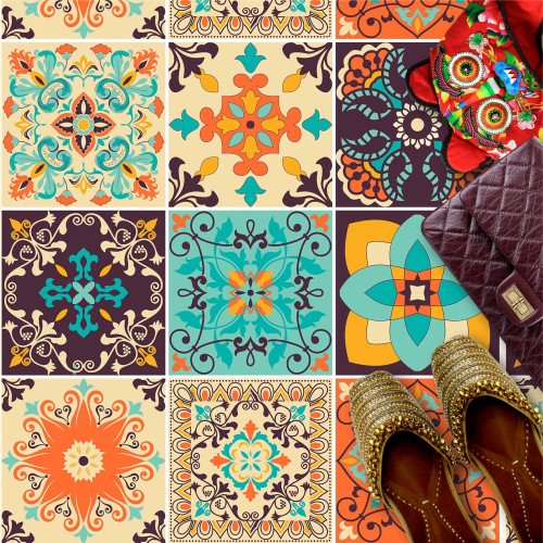 Naklejki na płytki podłogowe kuchenne łazienkowe samoprzylepne kolorowy indyjski patchwork