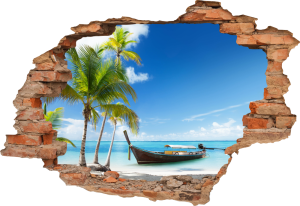 FOTOTAPETA 3D SAMOPRZYLEPNA naklejka dziura na ścianę ŁÓDKA NA PLAŻY PALMY