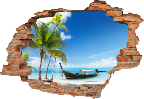 FOTOTAPETA 3D SAMOPRZYLEPNA naklejka dziura na ścianę ŁÓDKA NA PLAŻY PALMY