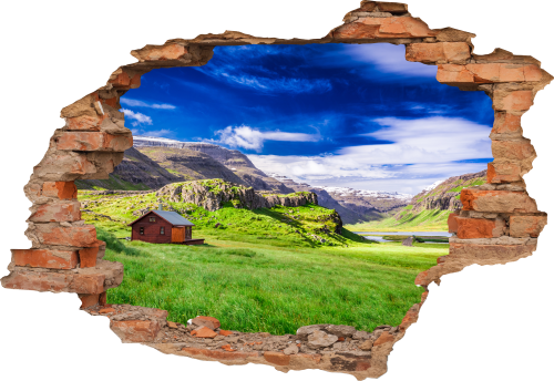 FOTOTAPETA 3D SAMOPRZYLEPNA naklejka do salonu DOMEK W GÓRACH GÓRY